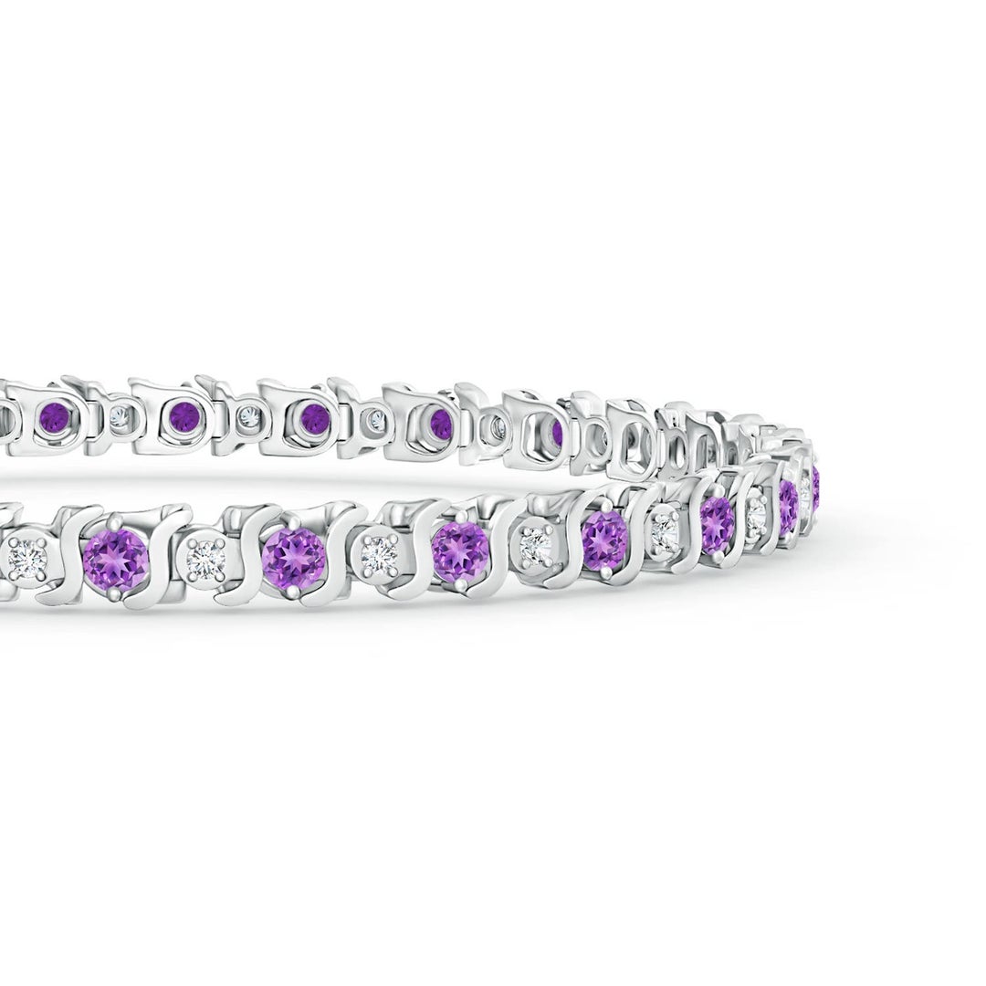 2.5mm AAAA S Curl Amethyst and Diamond Tennis Bracelet in White Gold - side 1