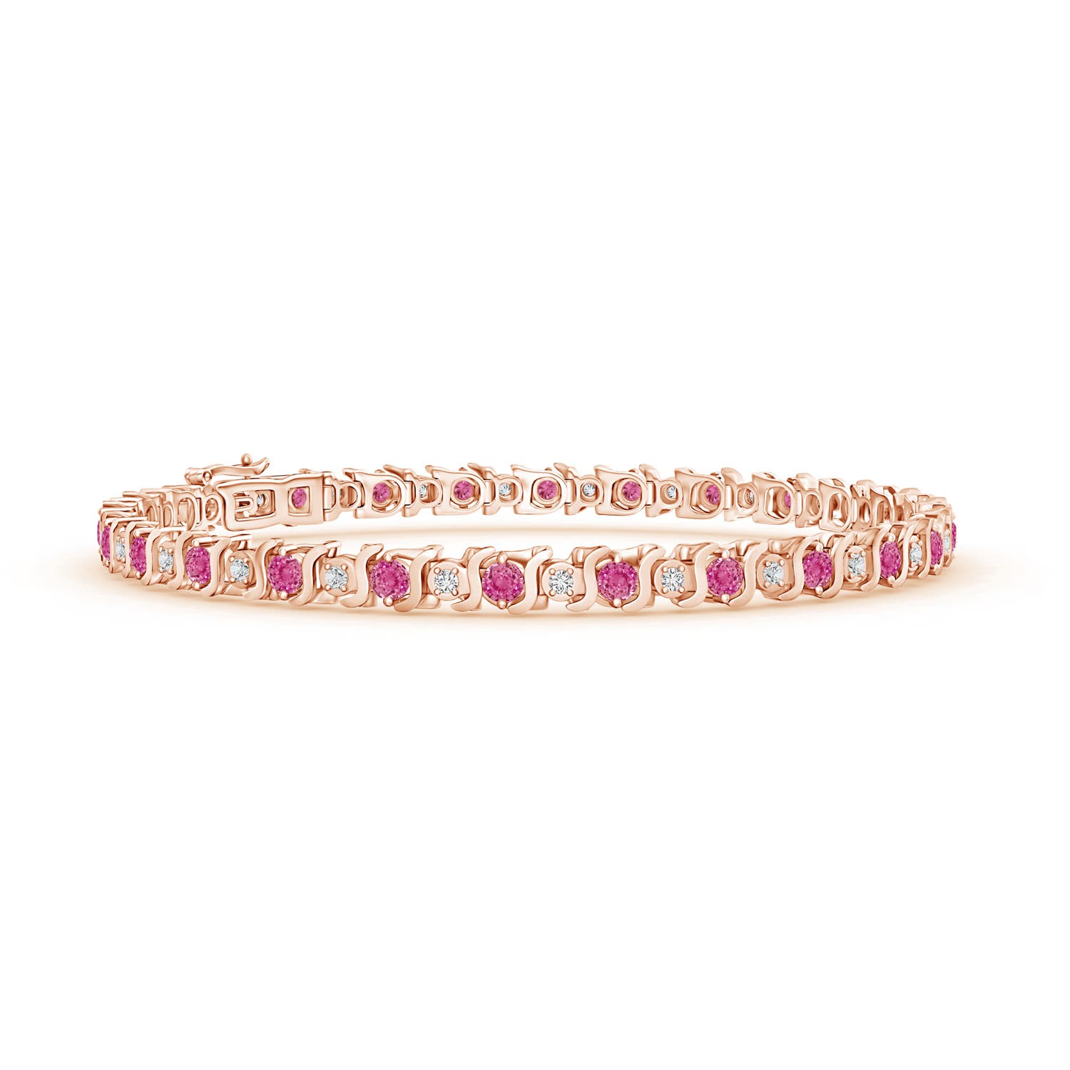 2.5mm AAA S Curl Pink Sapphire and Diamond Tennis Bracelet in Rose Gold
