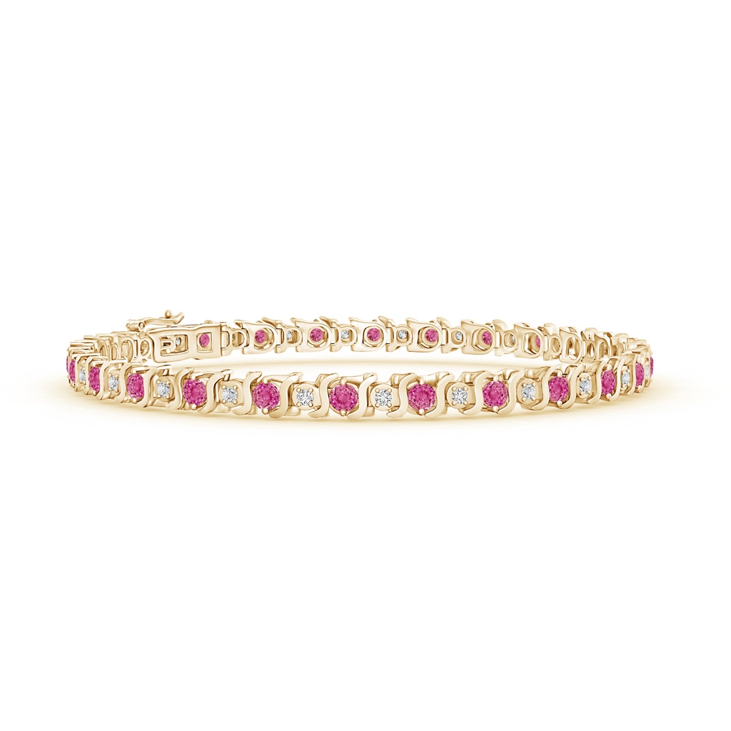 2.5mm AAA S Curl Pink Sapphire and Diamond Tennis Bracelet in Yellow Gold