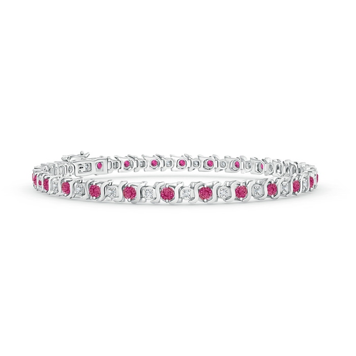 2.5mm AAAA S Curl Pink Sapphire and Diamond Tennis Bracelet in 10K White Gold 