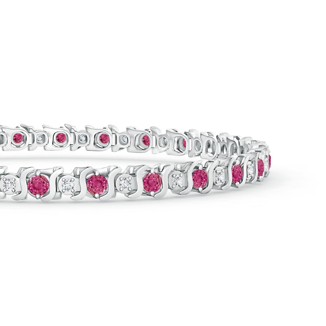 2.5mm AAAA S Curl Pink Sapphire and Diamond Tennis Bracelet in White Gold - side 1