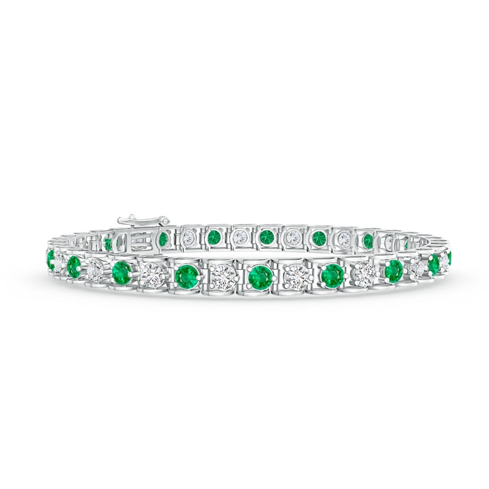 3mm AAA Diamond and Emerald Scooped Link Tennis Bracelet in White Gold