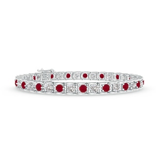3mm AA Diamond and Ruby Scooped Link Tennis Bracelet in White Gold