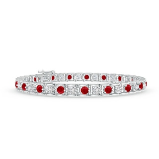 3mm AAA Diamond and Ruby Scooped Link Tennis Bracelet in 9K White Gold