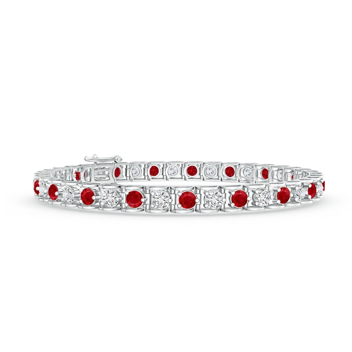 3mm AAA Diamond and Ruby Scooped Link Tennis Bracelet in White Gold