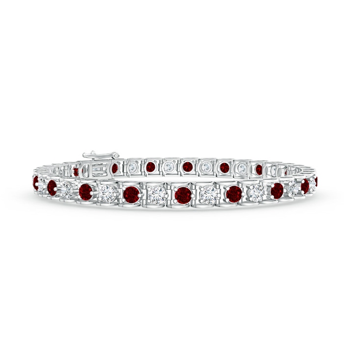 3mm AAAA Diamond and Ruby Scooped Link Tennis Bracelet in White Gold 