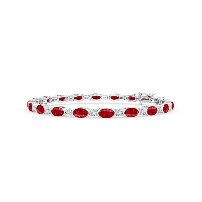 5x3mm AAA Semi Bezel-Set Oval Ruby and Diamond Tennis Bracelet in White Gold 