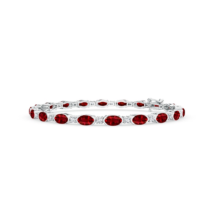 5x3mm Lab-Grown Semi Bezel-Set Oval Ruby and Diamond Tennis Bracelet in White Gold