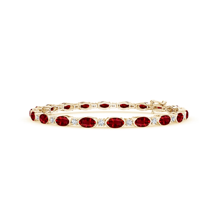 5x3mm AAAA Semi Bezel-Set Oval Ruby and Diamond Tennis Bracelet in Yellow Gold