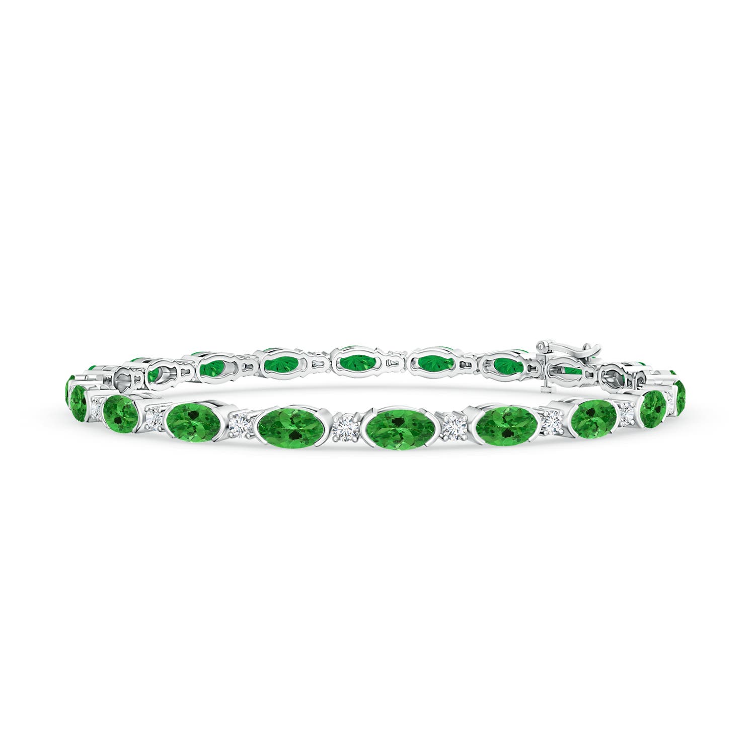 5x3mm AAA Semi Bezel-Set Oval Tsavorite and Diamond Tennis Bracelet in 18K White Gold