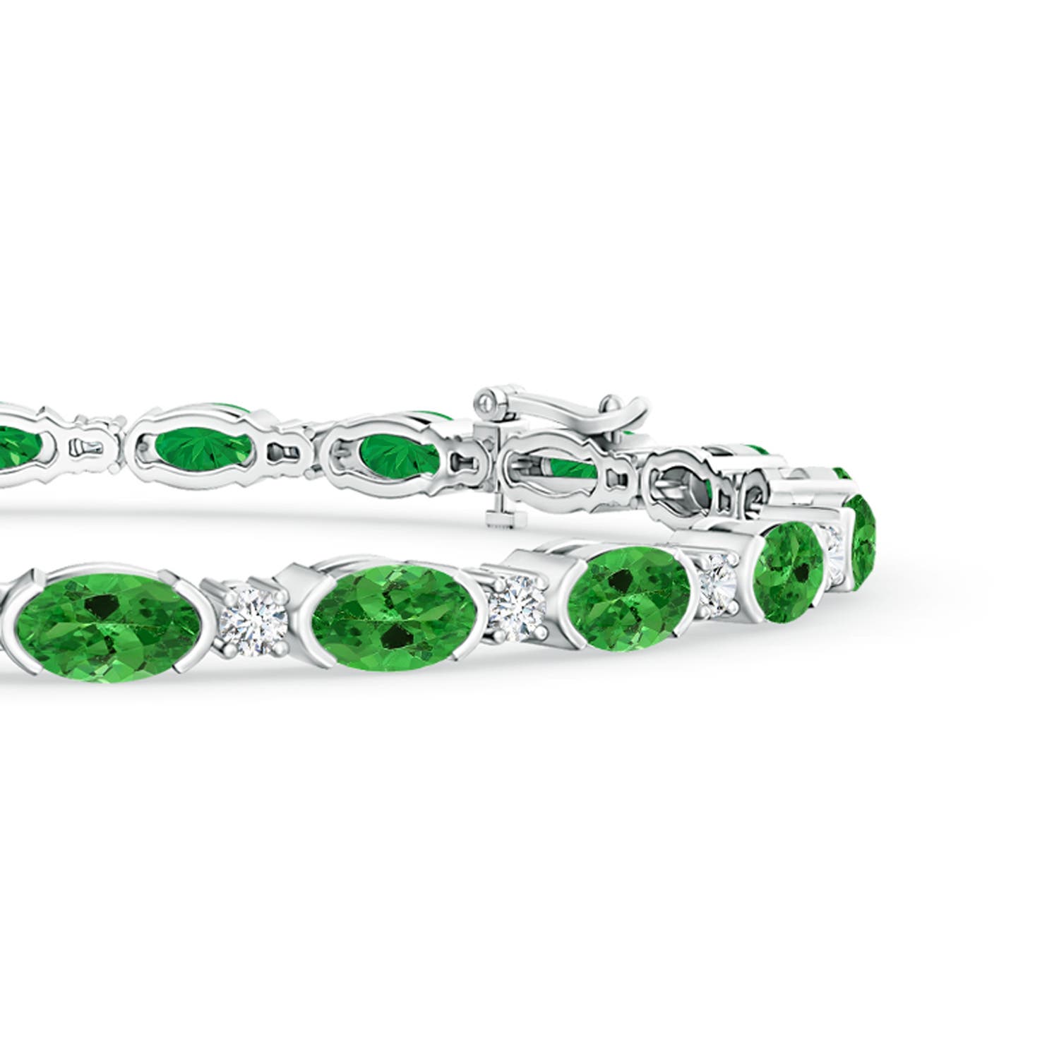 5x3mm AAA Semi Bezel-Set Oval Tsavorite and Diamond Tennis Bracelet in 18K White Gold