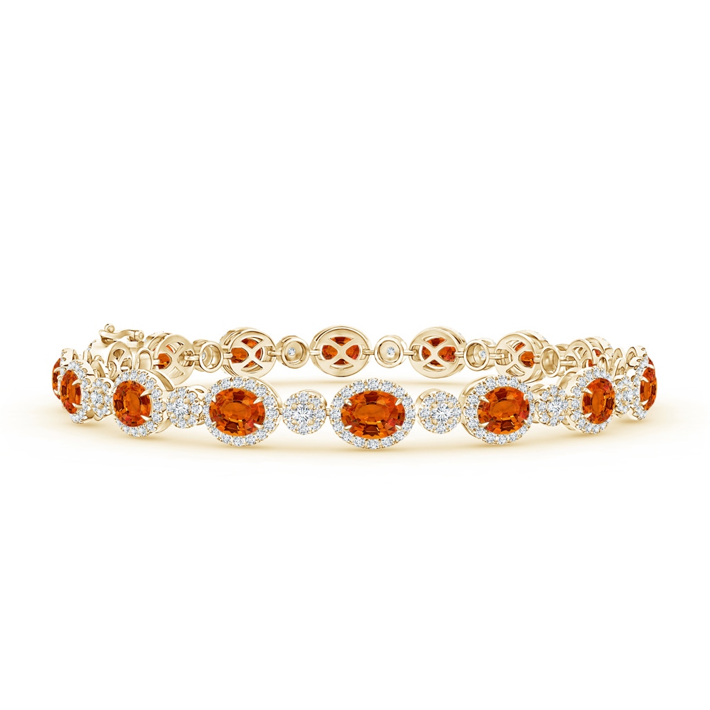 5x4mm AAAA Claw-Set Oval Halo Orange Sapphire and Diamond Bracelet in Yellow Gold