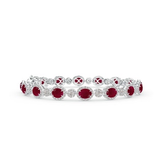 5x4mm A Claw Set Oval Halo Ruby and Diamond Tennis Bracelet in 10K White Gold