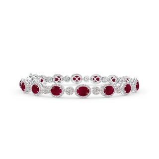 5x4mm A Claw Set Oval Halo Ruby and Diamond Tennis Bracelet in 9K White Gold