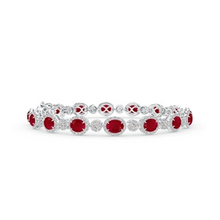 5x4mm AA Claw Set Oval Halo Ruby and Diamond Tennis Bracelet in 9K White Gold