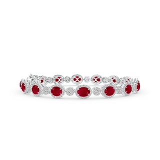 5x4mm AA Claw Set Oval Halo Ruby and Diamond Tennis Bracelet in White Gold