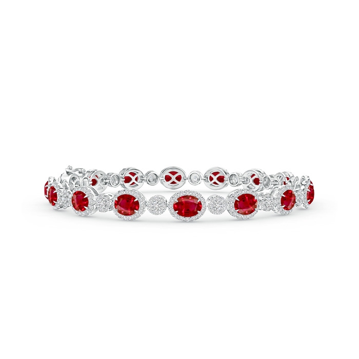 5x4mm AAA Claw Set Oval Halo Ruby and Diamond Tennis Bracelet in White Gold