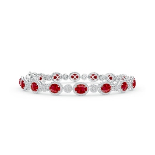 5x4mm AAA Claw Set Oval Halo Ruby and Diamond Tennis Bracelet in White Gold