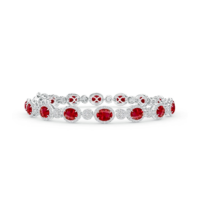 5x4mm AAA Claw Set Oval Halo Ruby and Diamond Tennis Bracelet in White Gold 