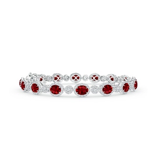 5x4mm AAAA Claw Set Oval Halo Ruby and Diamond Tennis Bracelet in 10K White Gold