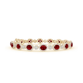 5x4mm AAAA Claw Set Oval Halo Ruby and Diamond Tennis Bracelet in 9K Yellow Gold