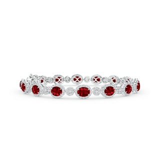 5x4mm AAAA Claw Set Oval Halo Ruby and Diamond Tennis Bracelet in White Gold
