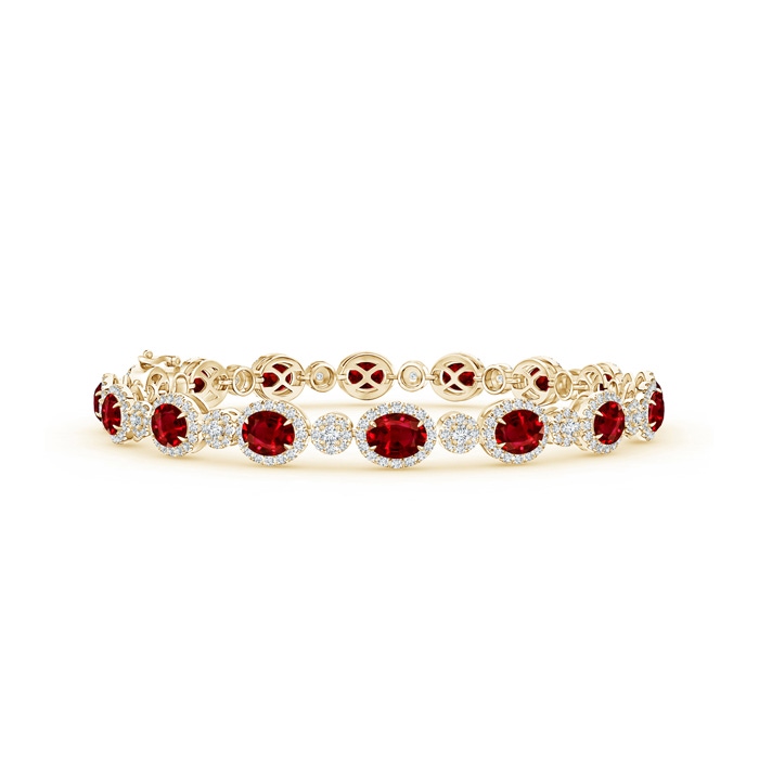 5x4mm AAAA Claw Set Oval Halo Ruby and Diamond Tennis Bracelet in Yellow Gold