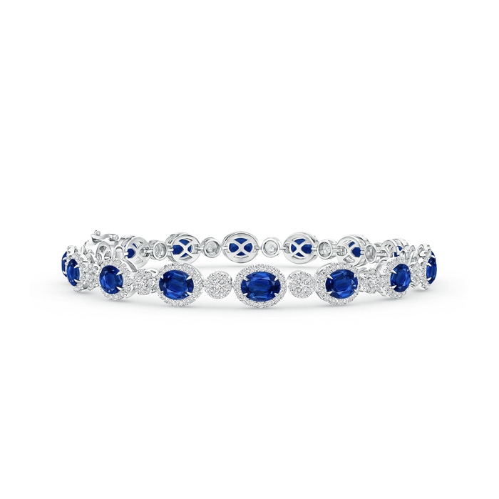 5x4mm AAA Claw Set Oval Halo Sapphire and Diamond Tennis Bracelet in White Gold 