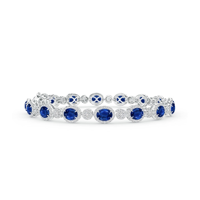 5x4mm AAA Claw Set Oval Halo Sapphire and Diamond Tennis Bracelet in White Gold