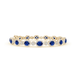 5x4mm AAA Claw Set Oval Halo Sapphire and Diamond Tennis Bracelet in Yellow Gold