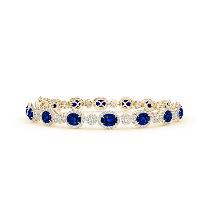 5x4mm AAAA Claw Set Oval Halo Sapphire and Diamond Tennis Bracelet in Yellow Gold