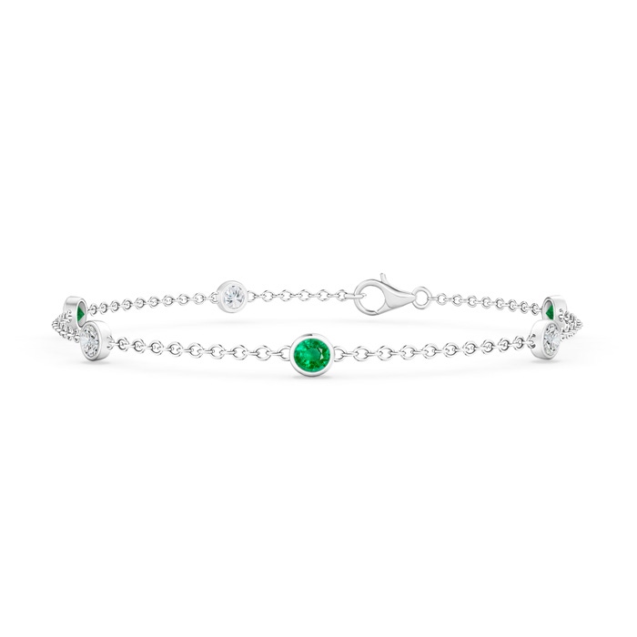 3.5mm AAA Bezel-Set Emerald and Diamond Station Bracelet with Chain in White Gold 