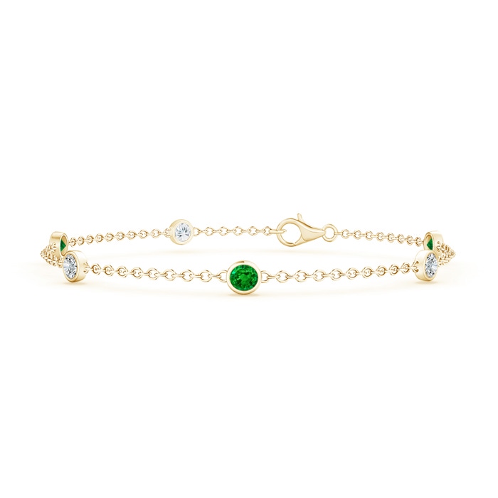 3.5mm AAAA Bezel-Set Emerald and Diamond Station Bracelet with Chain in Yellow Gold