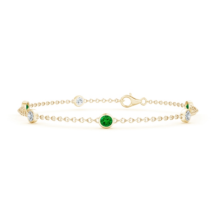 3.5mm AAAA Bezel-Set Emerald and Diamond Station Bracelet with Chain in Yellow Gold 