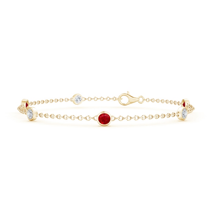 3.5mm AAA Bezel-Set Ruby and Diamond Station Bracelet with Chain in Yellow Gold