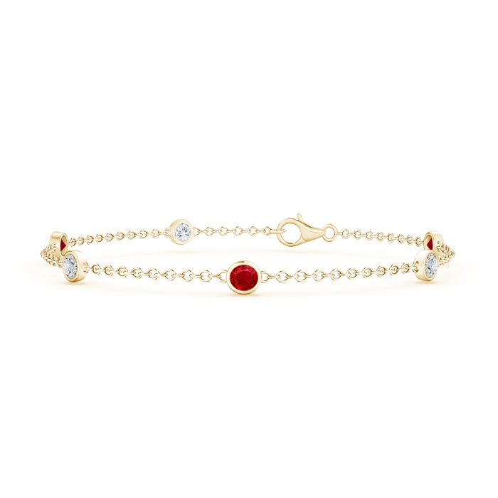 3.5mm AAA Bezel-Set Ruby and Diamond Station Bracelet with Chain in Yellow Gold 