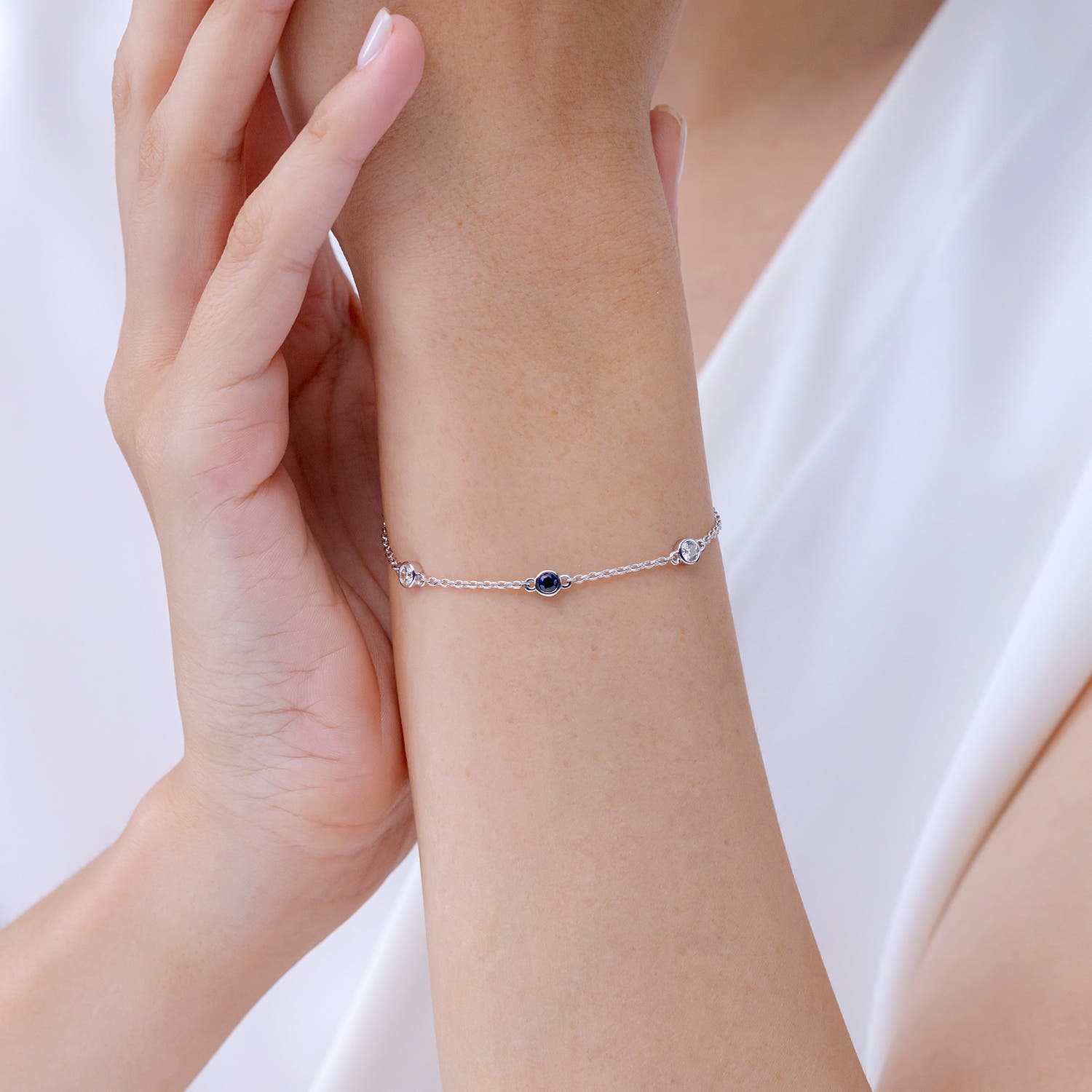 Bezel-Set Sapphire and Diamond Station Bracelet with Chain