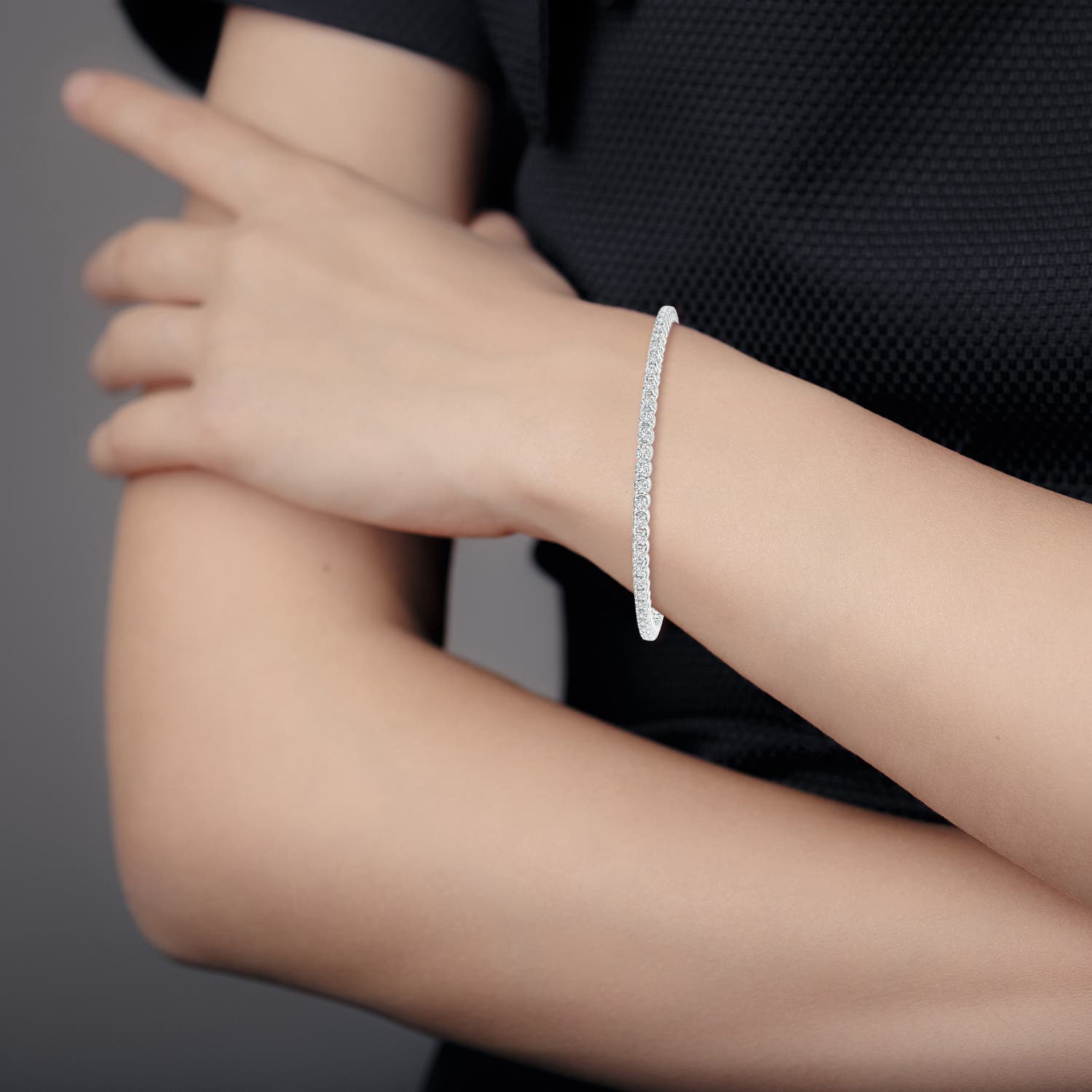 1.5mm HSI2 Diamond Eternity Stackable Bracelet in White Gold - body_view 2