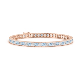 3mm AAA Channel-Set Square Aquamarine and Diamond Tennis Bracelet in Rose Gold
