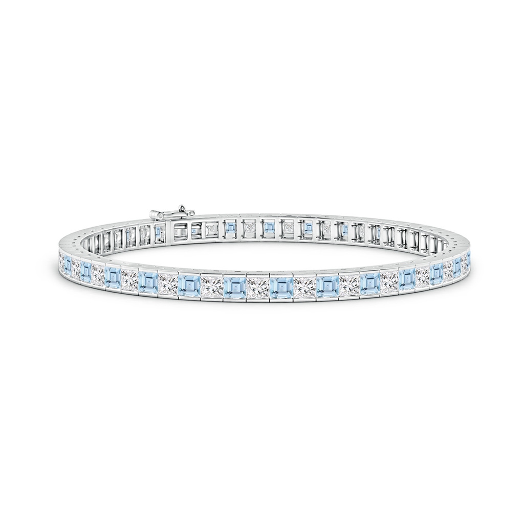 3mm AAA Channel-Set Square Aquamarine and Diamond Tennis Bracelet in White Gold