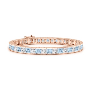 4mm AAA Channel-Set Square Aquamarine and Diamond Tennis Bracelet in Rose Gold