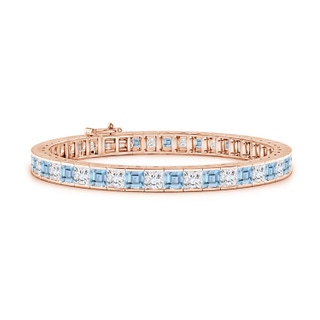 4mm AAAA Channel-Set Square Aquamarine and Diamond Tennis Bracelet in Rose Gold