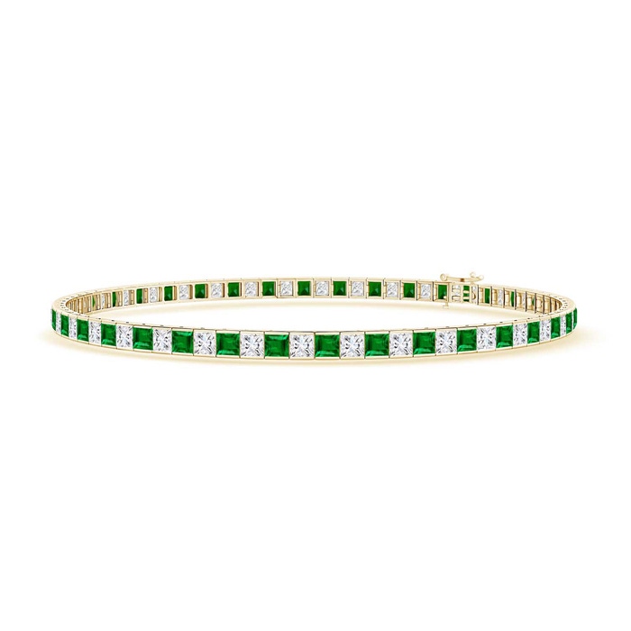 2.2mm AAAA Princess-Cut Diamond and Emerald Tennis Bracelet in 10K Yellow Gold 