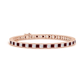 3mm AAA Channel-Set Square Garnet and Diamond Tennis Bracelet in Rose Gold