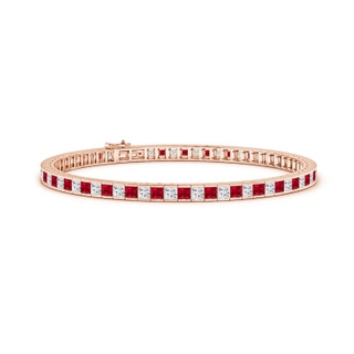 2.5mm AAA Channel-Set Square Ruby and Diamond Tennis Bracelet in Rose Gold