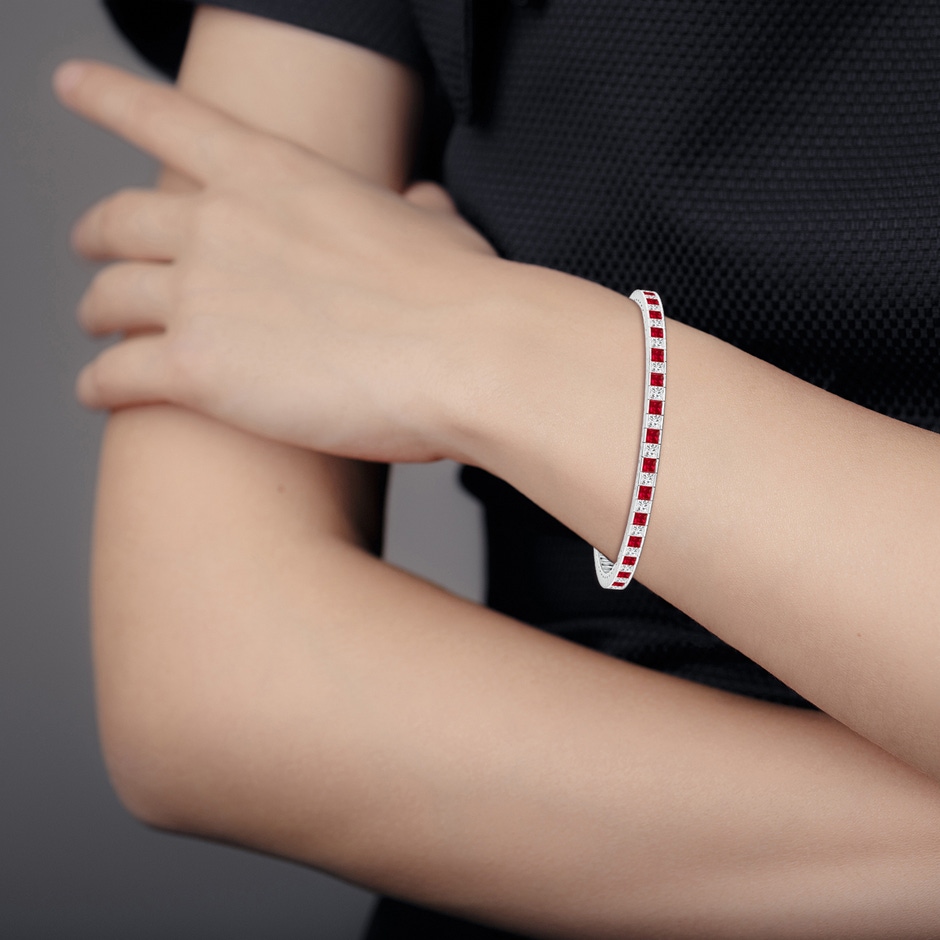 2.5mm AAA Channel-Set Square Ruby and Diamond Tennis Bracelet in White Gold body-bra