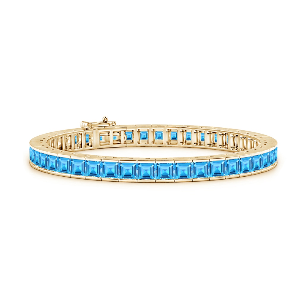 4mm AAAA Channel-Set Square Swiss Blue Topaz Tennis Bracelet in Yellow Gold