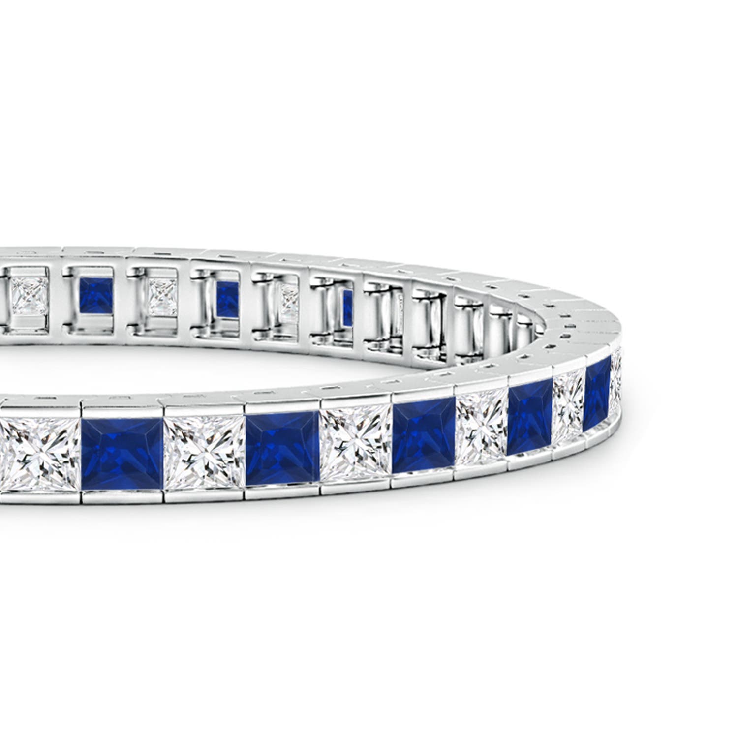 4mm AAA Channel-Set Square Sapphire and Diamond Tennis Bracelet in White Gold - side 2