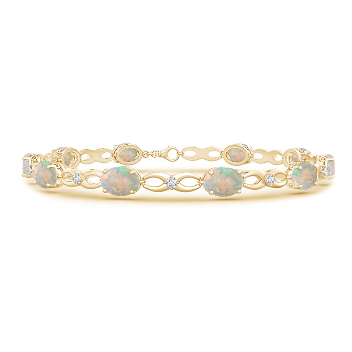 7x5mm AAAA Oval Opal and Diamond Infinity Link Bracelet in Yellow Gold 