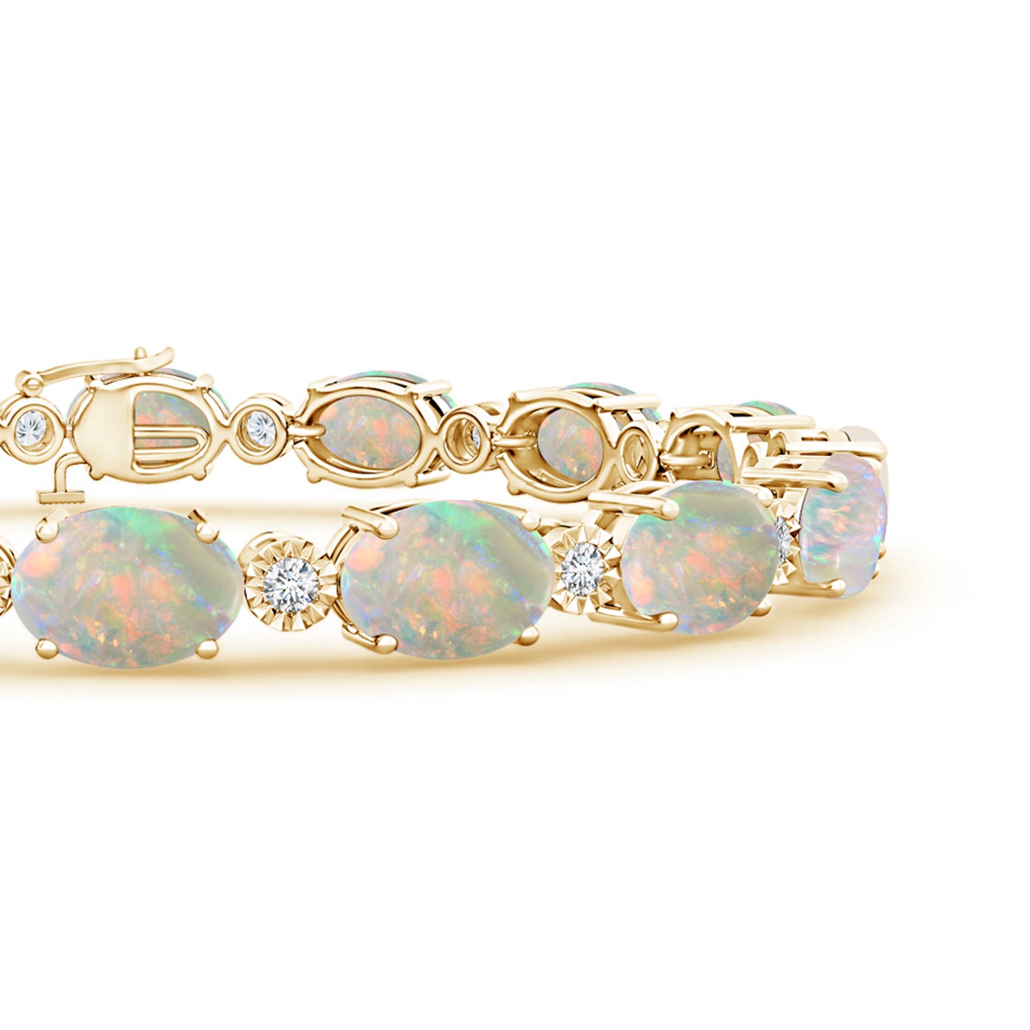 7x5mm AAAA Oval Opal Stackable Bracelet with Illusion Diamonds in Yellow Gold
